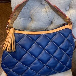 Stylish Quilted Blue and Tan Shoulder Bag